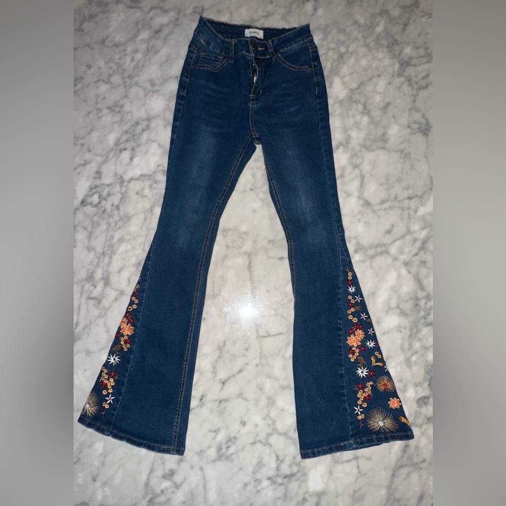 BAMBOO Blue Flare Jeans with Floral Embroidery